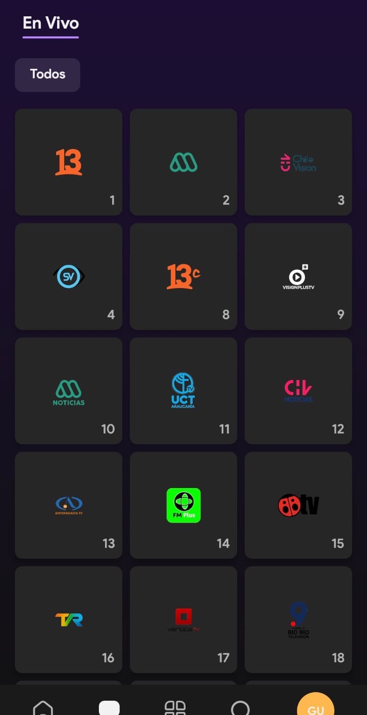 Grilla de canales en vivo de la app MirameTV