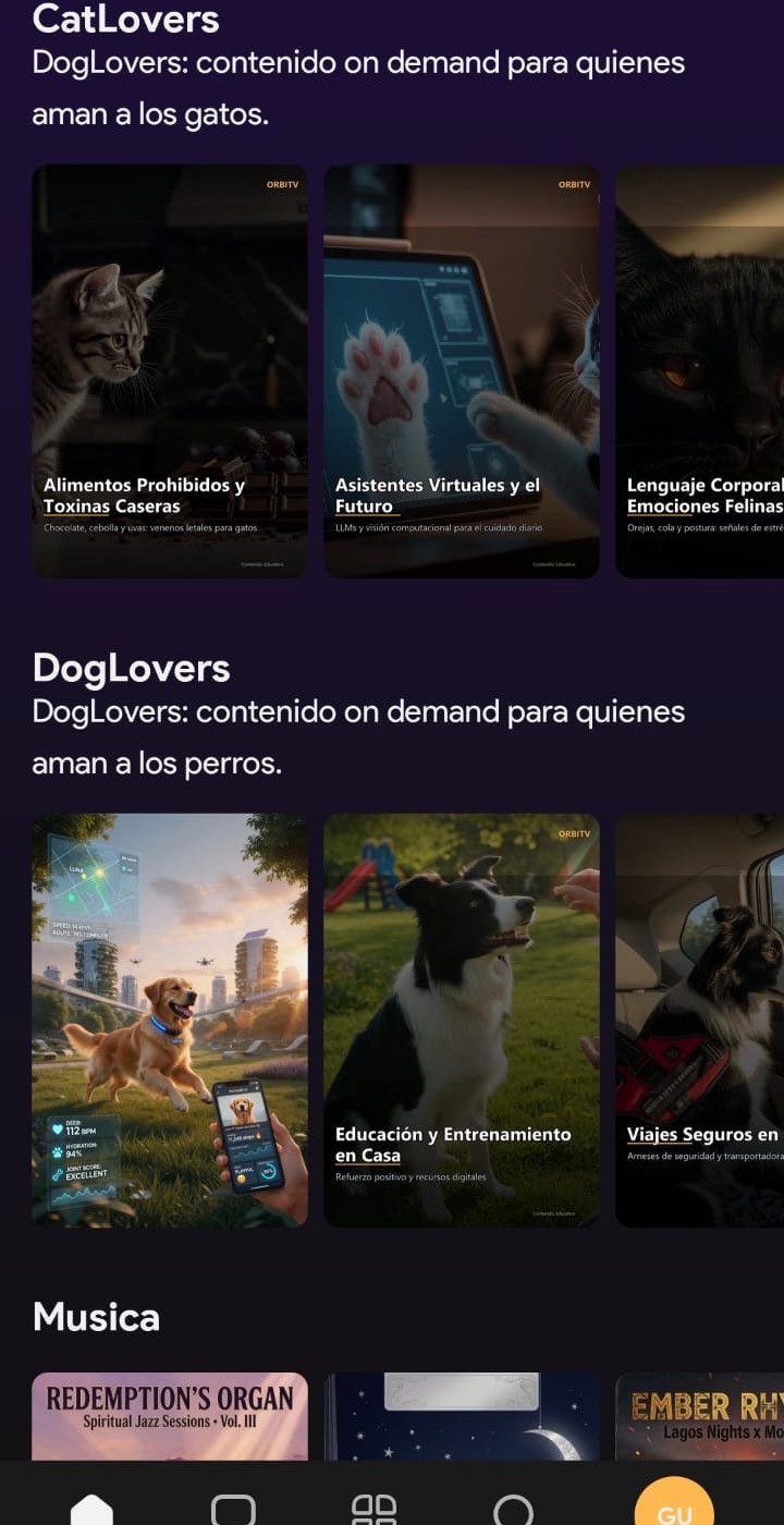 Inicio de la app con contenidos on demand CatLovers, DogLovers y Música