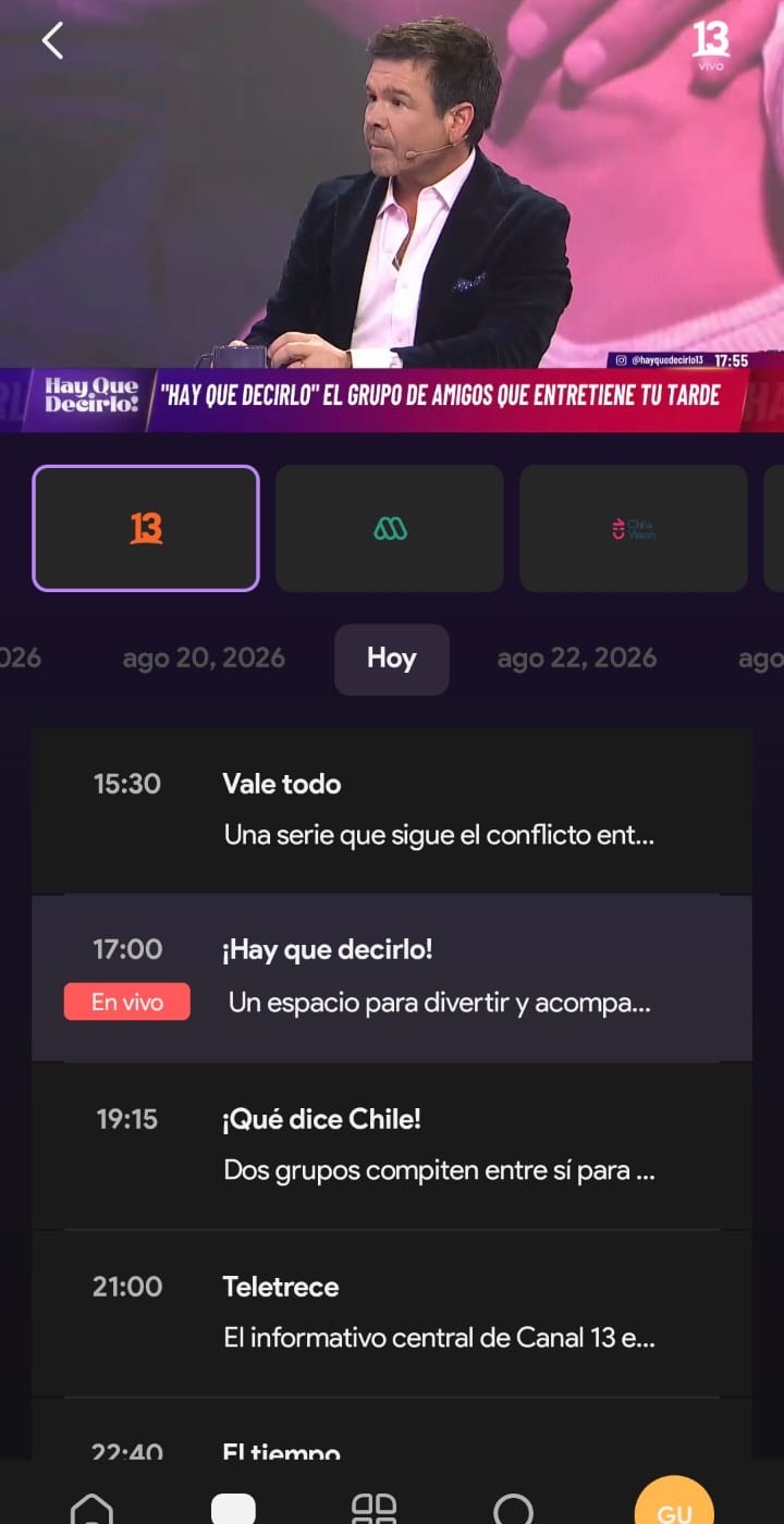 Reproductor en vivo con guía de programación de Canal 13